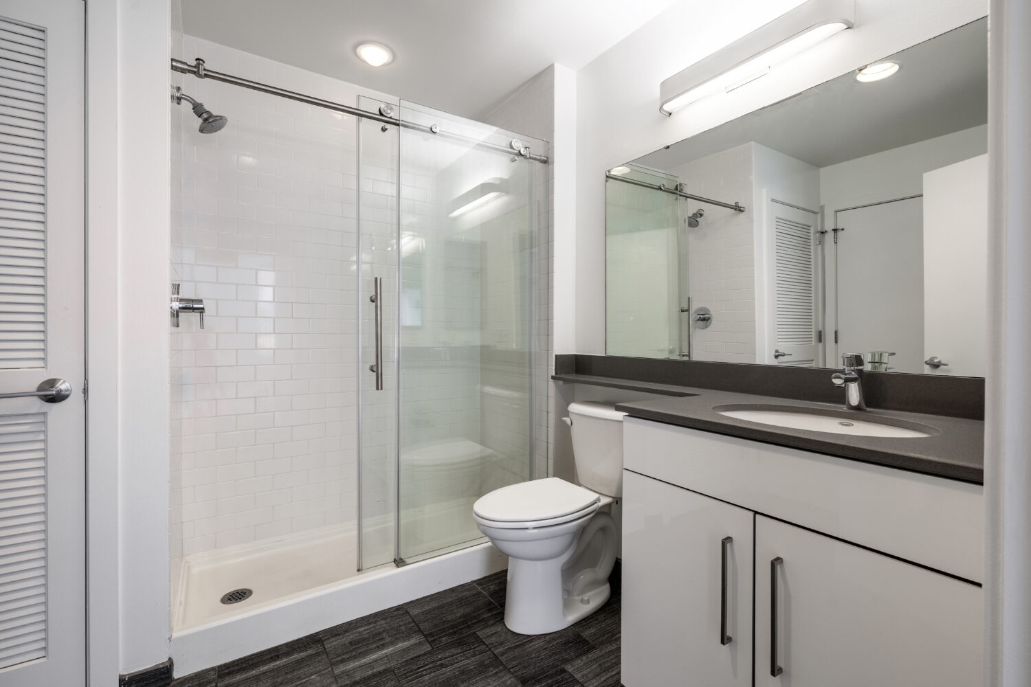 updated bathroom with white vanity and glass sliding door to shower