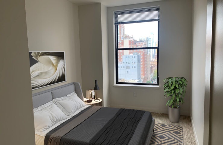 bedroom with a large window and great view