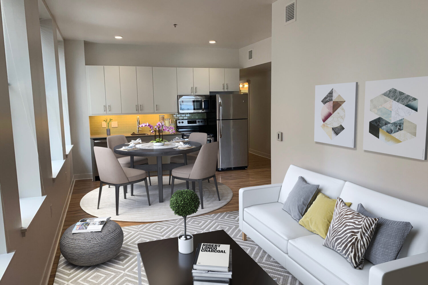 open floorplan; living, dining and kitchen