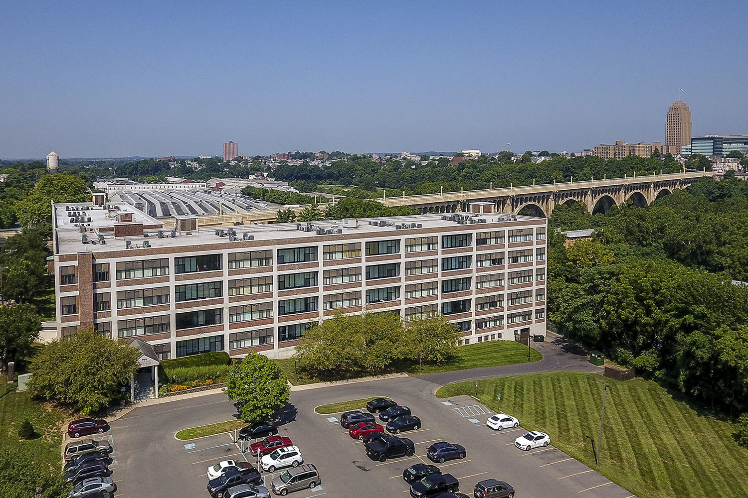 aerial view of bridgeview and parking lot