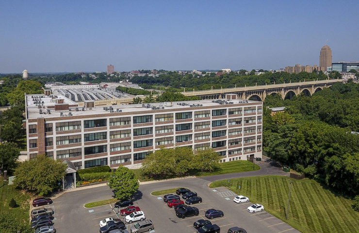 aerial view of bridgeview and parking lot