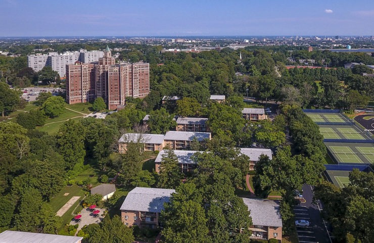 aerial view of falls village and surrounding east falls area