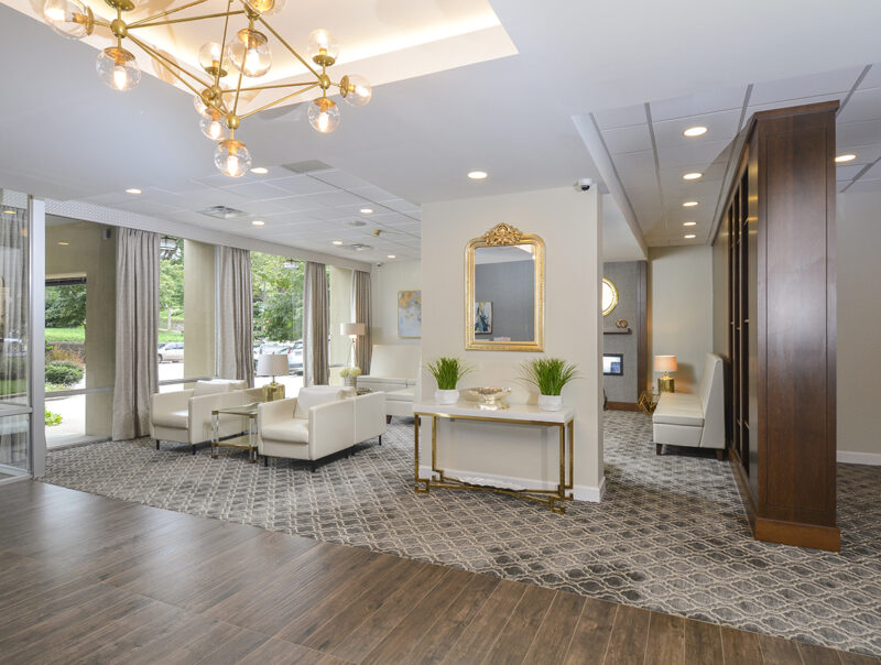 Lobby with fireplace and contemporary modern decor