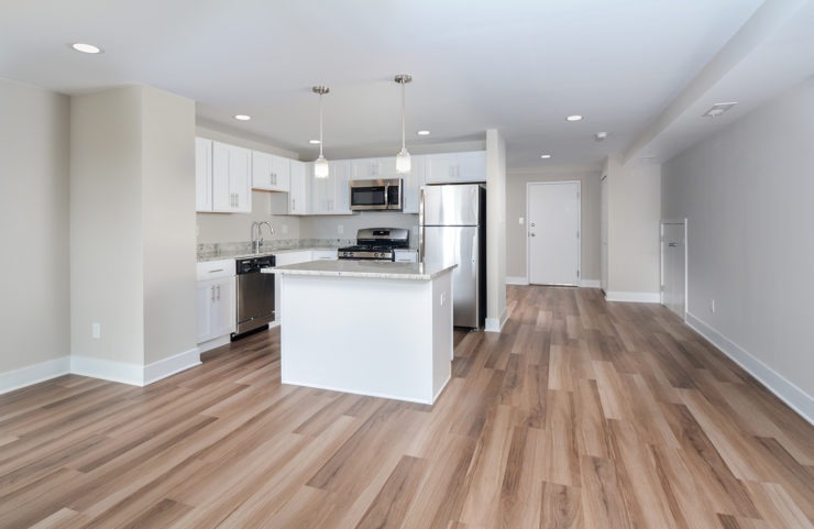 Penthouse open concept kitchen and living room with wood floors