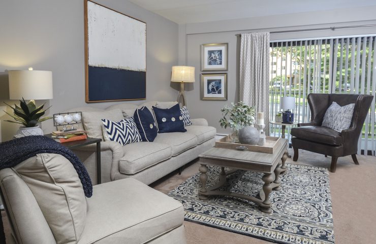 living room with large sliding door 