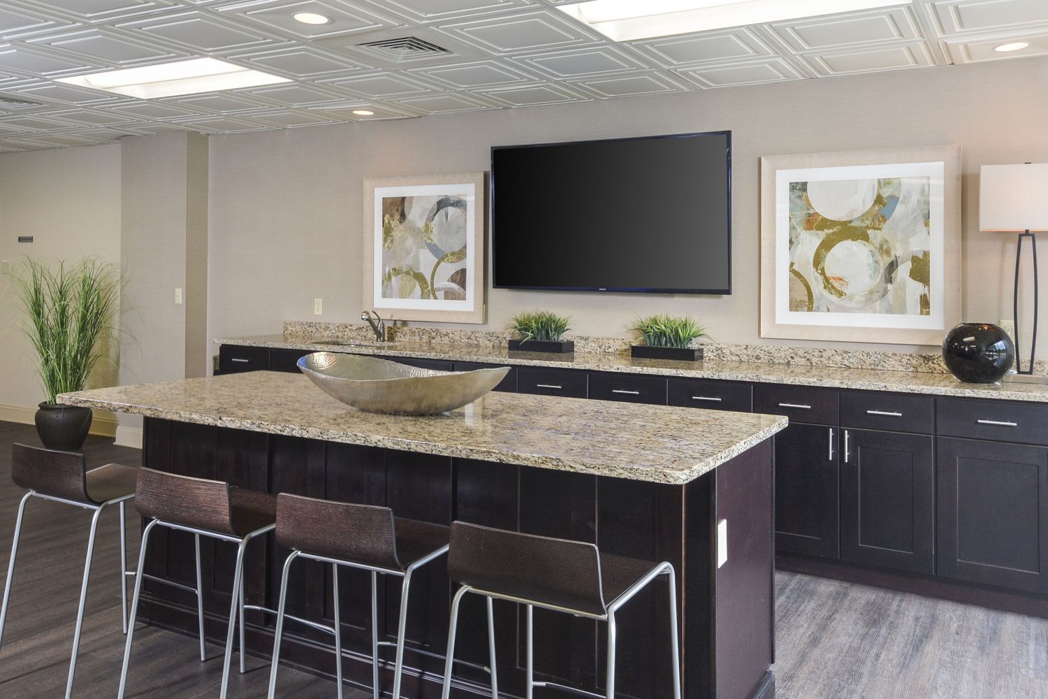 bar stools and lounge area in resident lounge