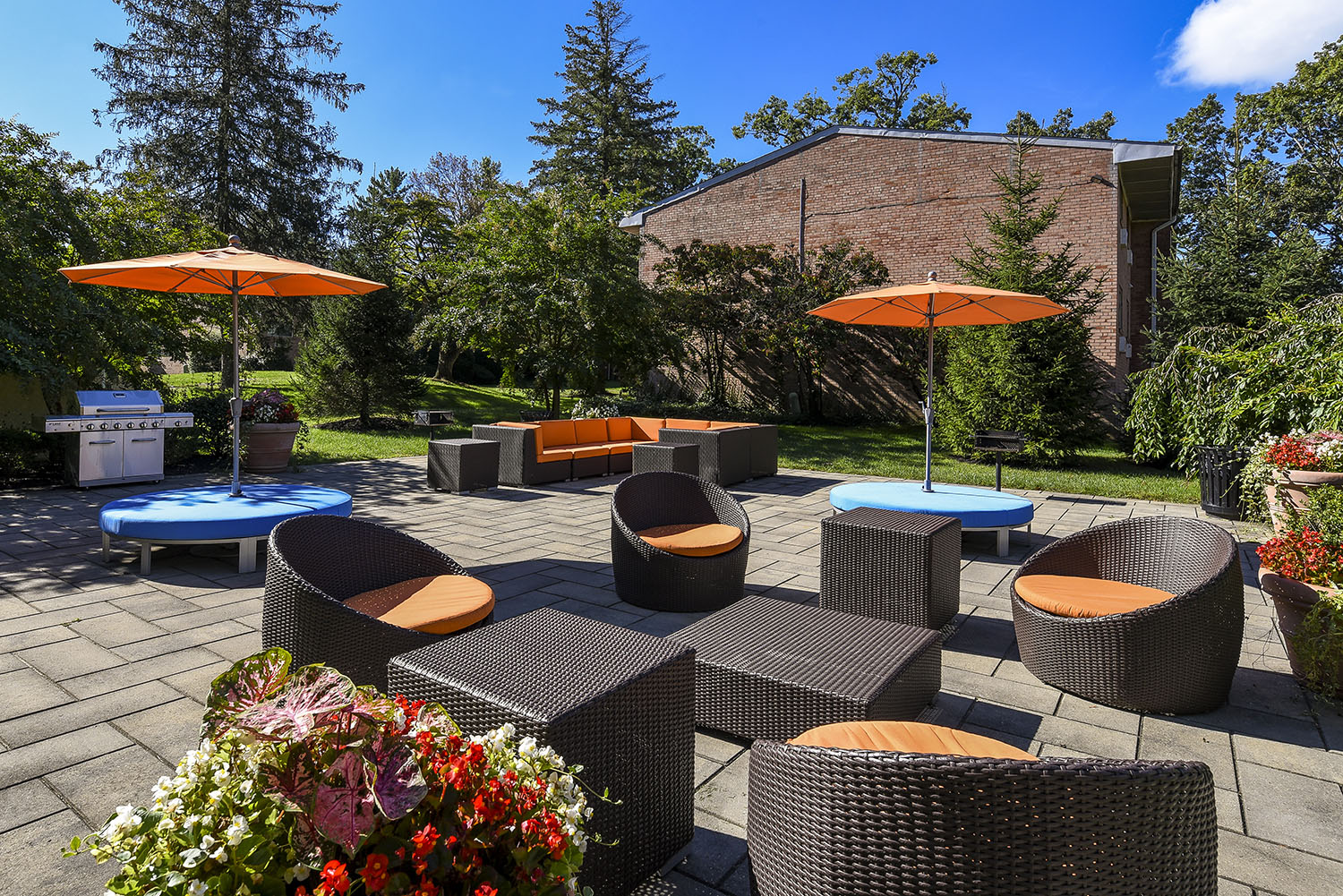 umbrella tables surrounded by beautiful potted flowers