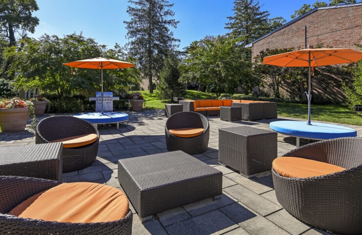 outdoor lounge area with umbrellas for shade