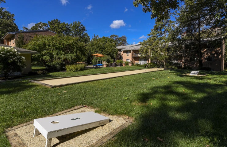 cornhole setup on the lawn