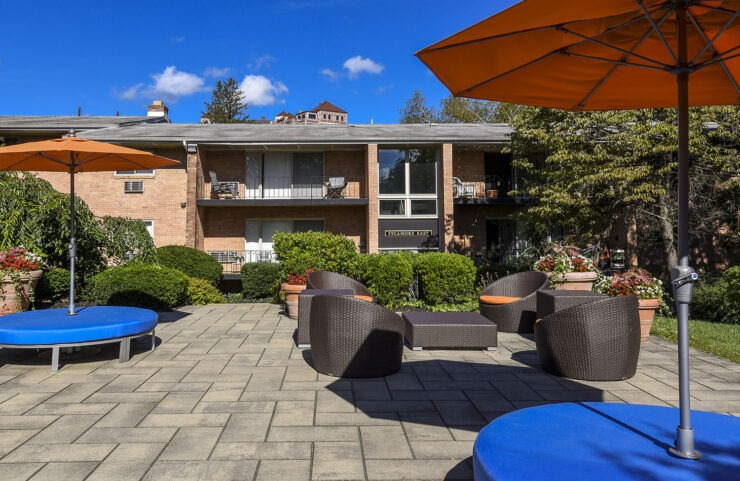 outdoor lounge area with umbrellas for shade