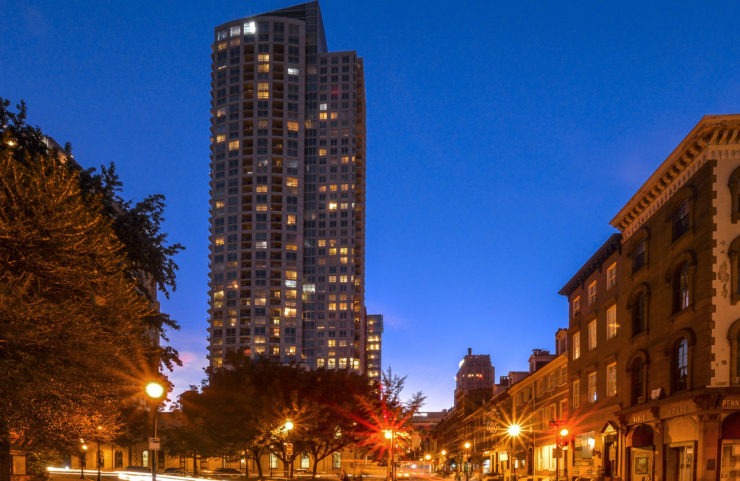 exterior of The St. James at night