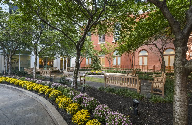 shaded courtyard with benches