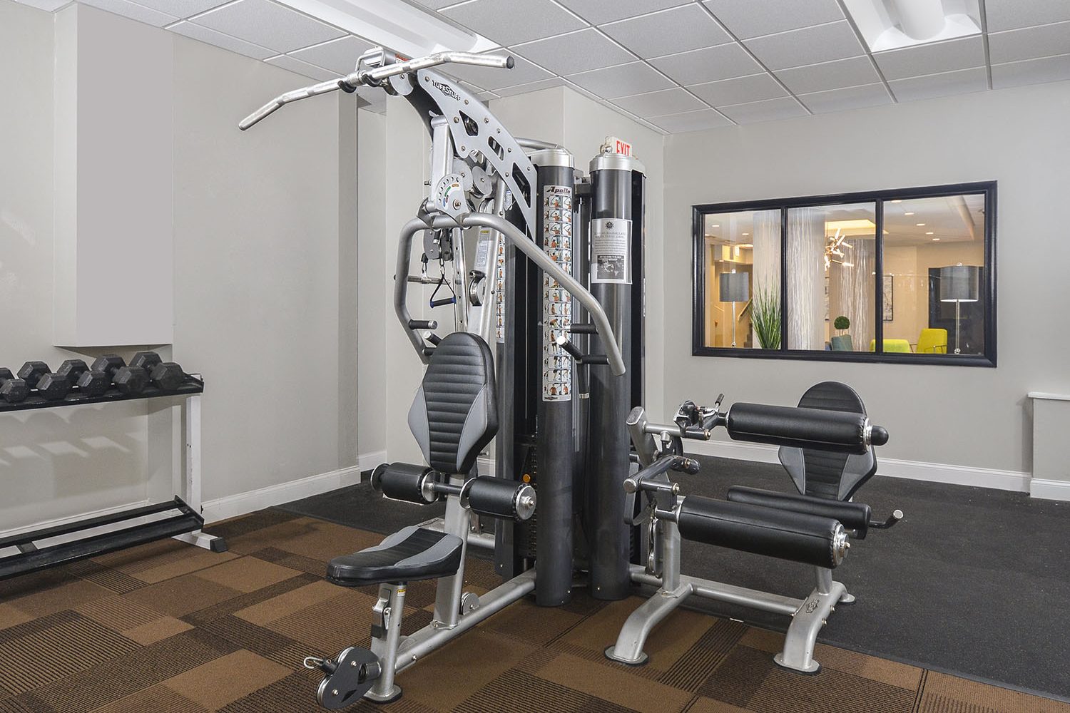 weight machine and free weights in fitness center