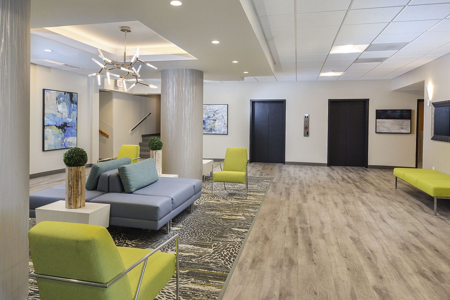 lobby with a view of two elevators 