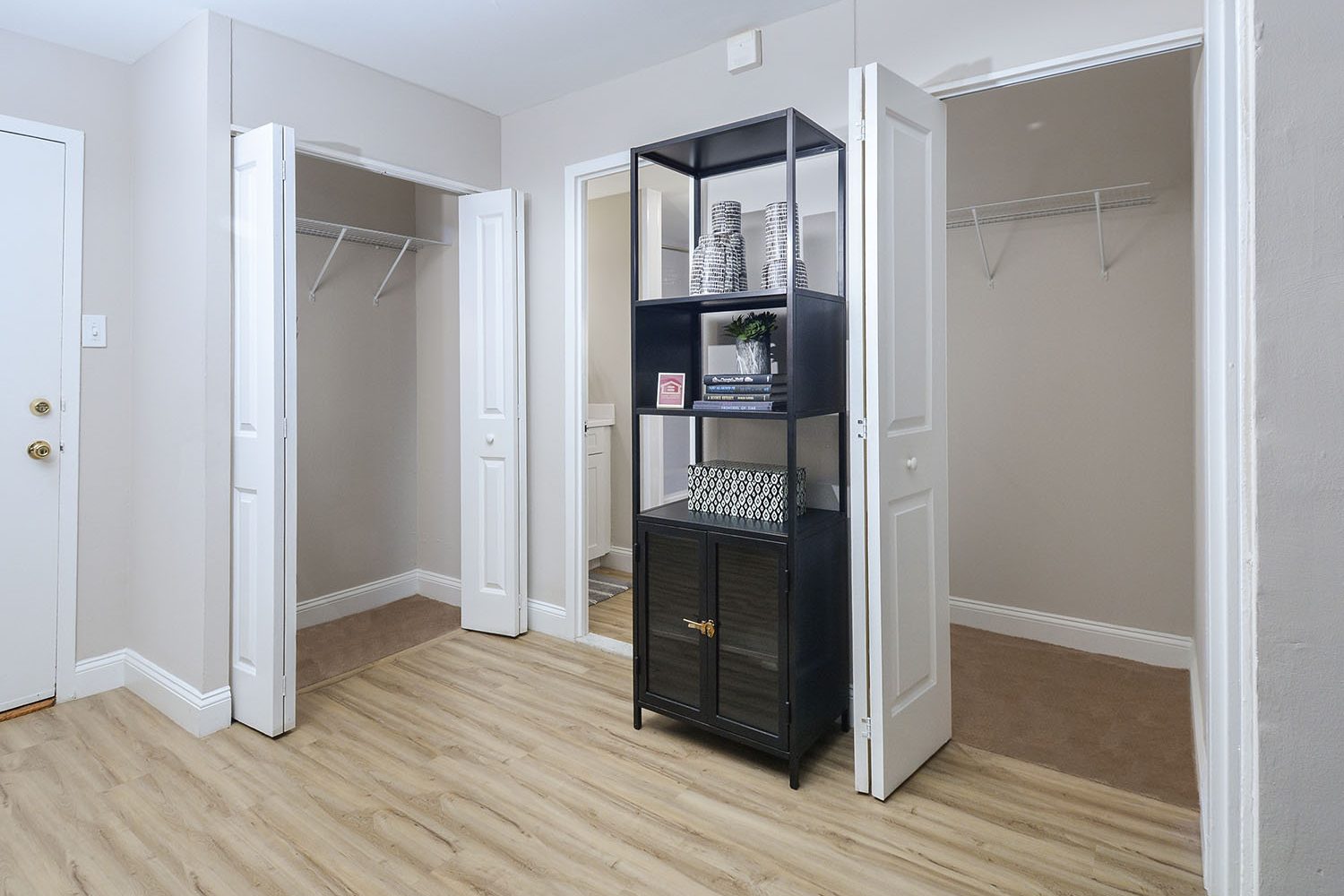 entrance into the apartment with light wood floors