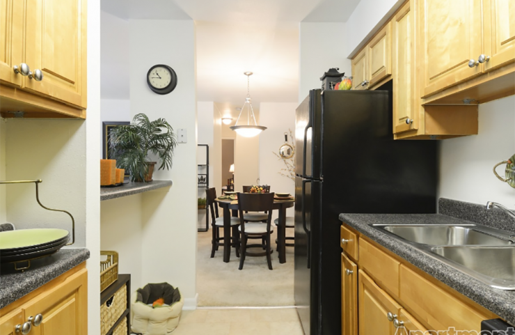 standard galley kitchen looking into the dining area 