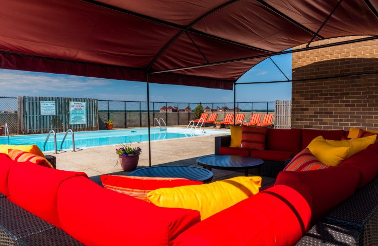 shaded rooftop seating area 