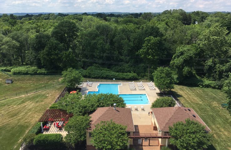 aerial shot of the pool and green grounds that surround it