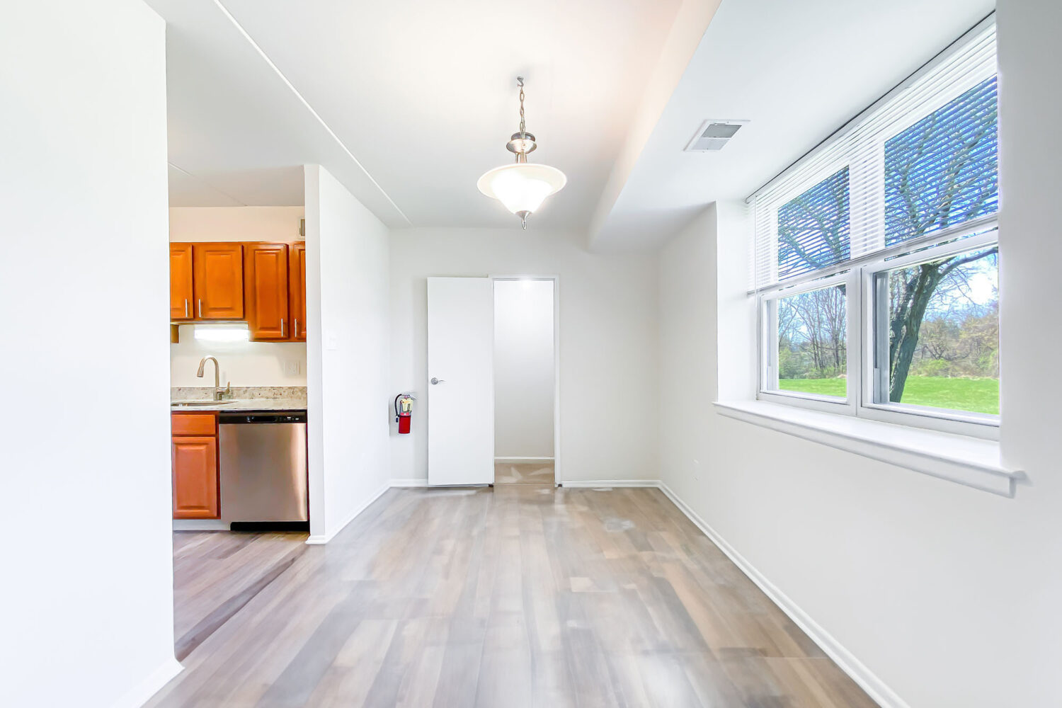dining area with large window and plank flooring