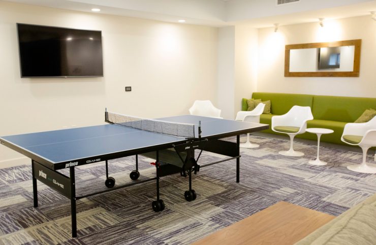 ping pong table with tv and seating area