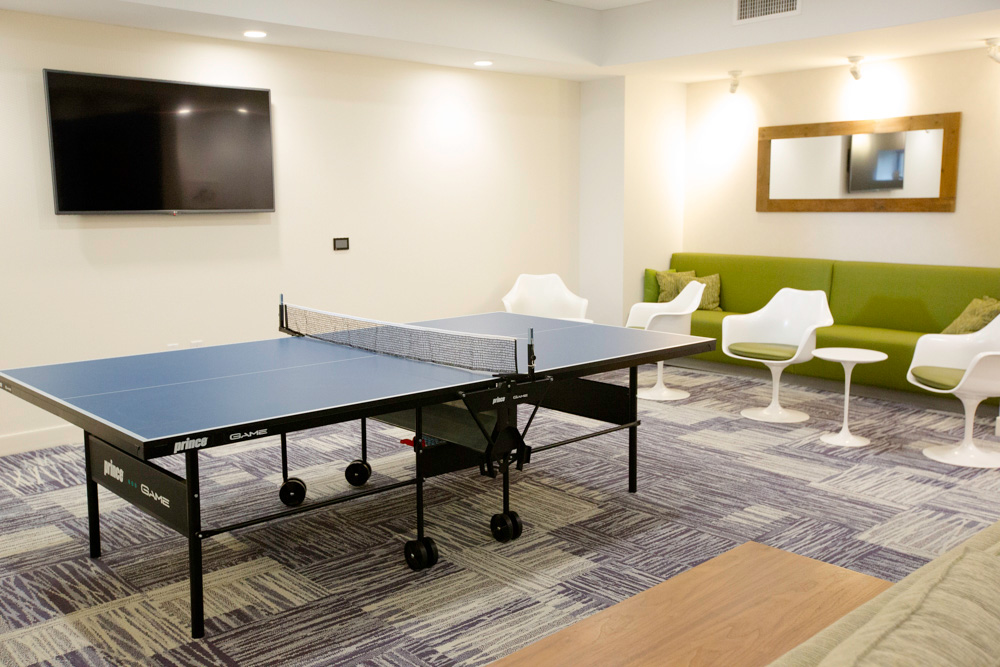 ping pong table with tv and seating area