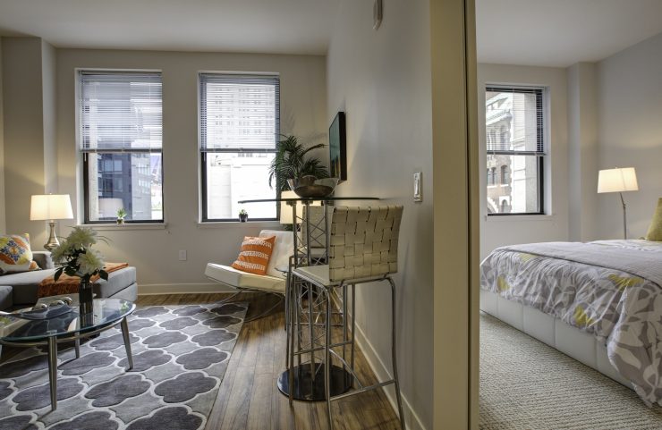 view of the living area and large bedroom 