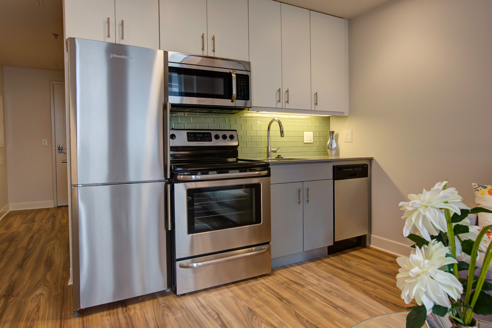 white kitchen cabinets with stainless steel appliances