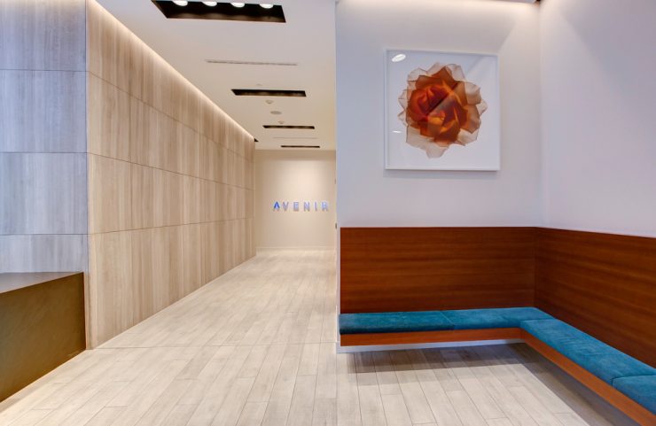 modern lobby with bench seating 
