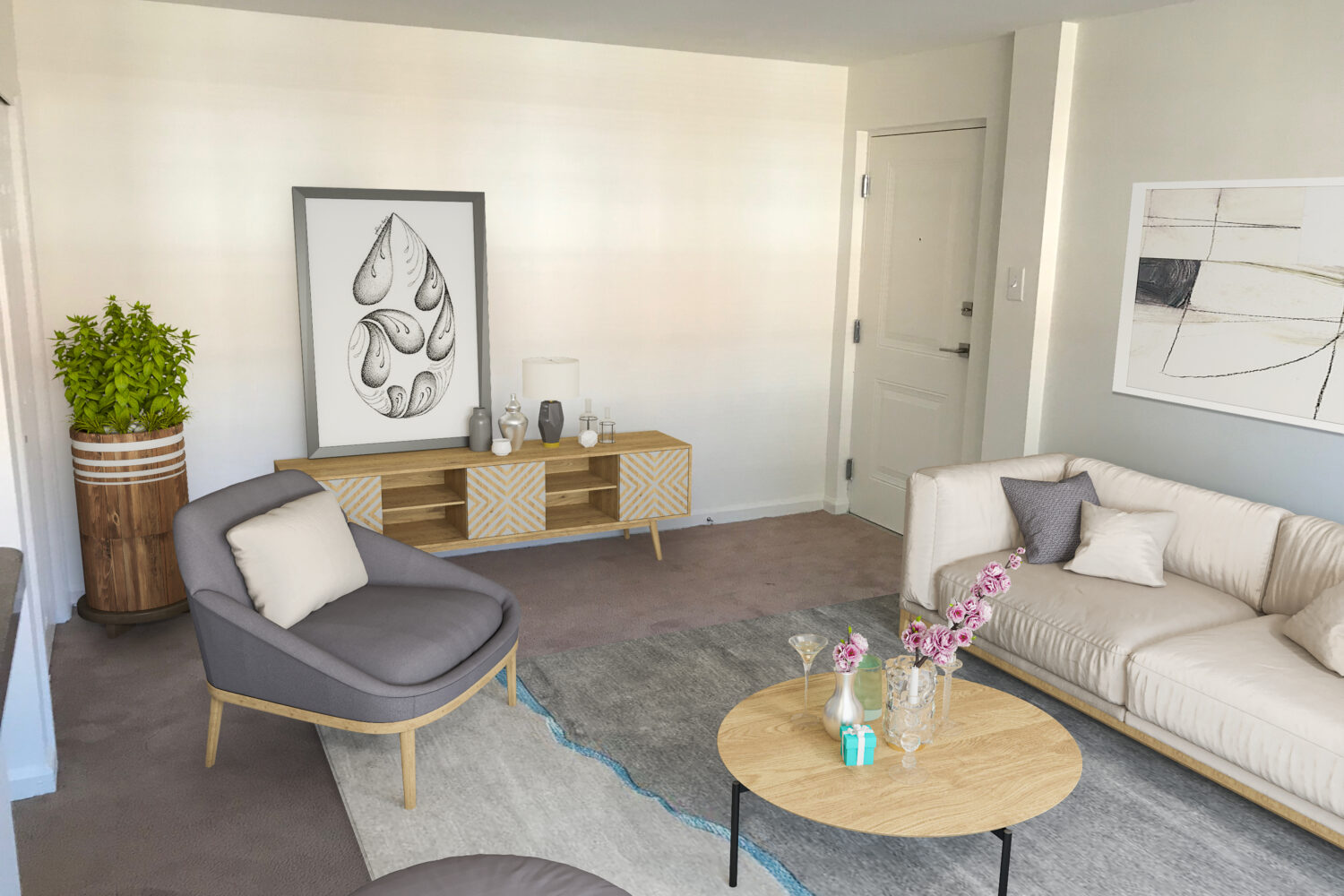 living room with wall to wall carpet and large window