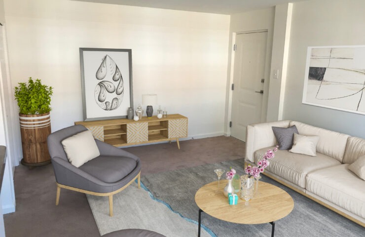 living room with wall to wall carpet and large window