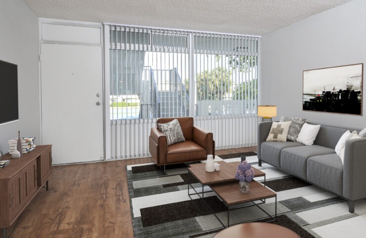 large living room with plank flooring