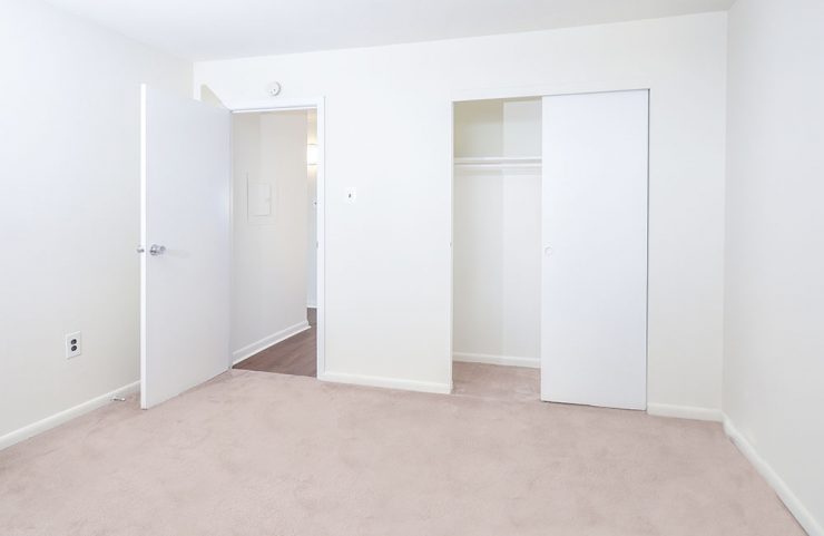 bedroom with carpet and large closet 