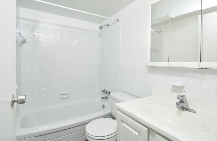updated bathroom with white vanity and tub