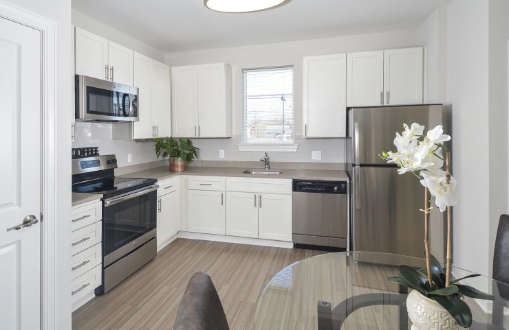eat in kitchen with stainless steel appliances