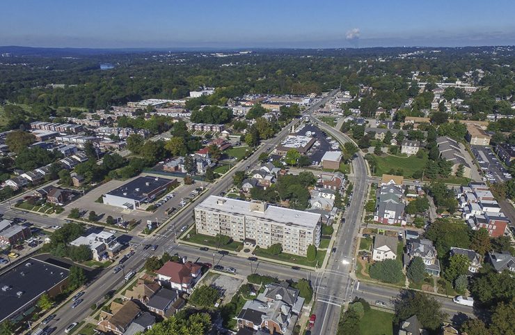 Aerial view of Hamilton Hall and surrounding area