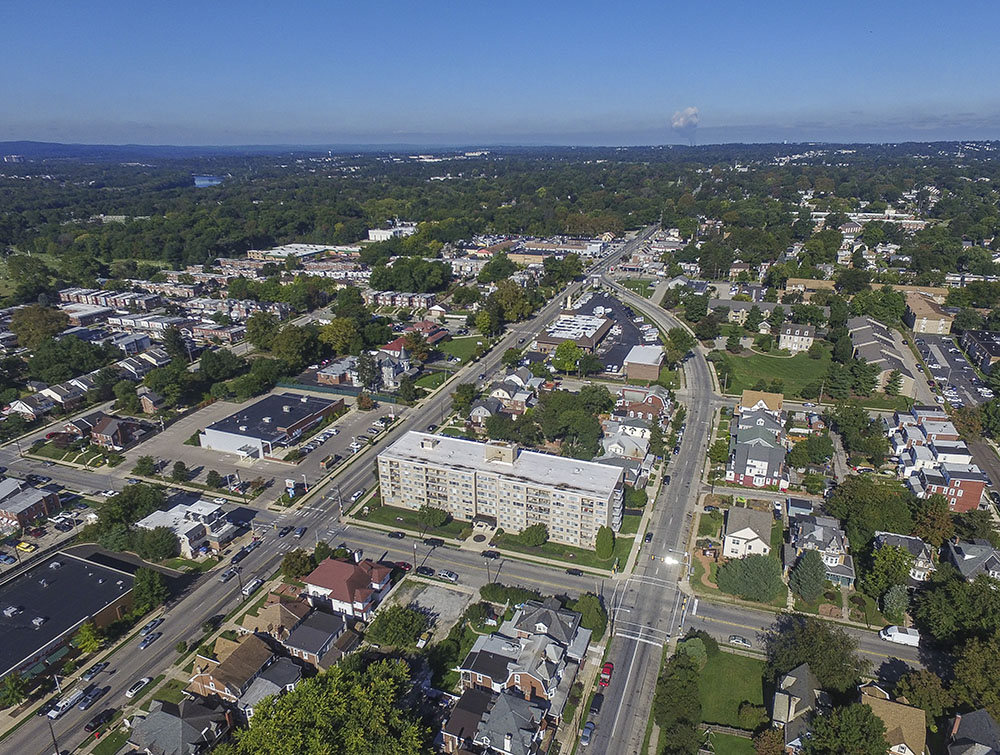 Aerial view of Hamilton Hall and surrounding area