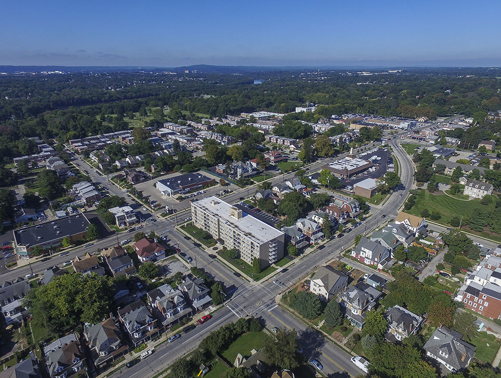 Aerial view of hamilton hall and norristown