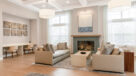 modern large clubhouse with fireplace and cozy seating