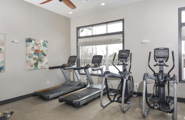 cardio machines in the fitness center overlooking the pool 