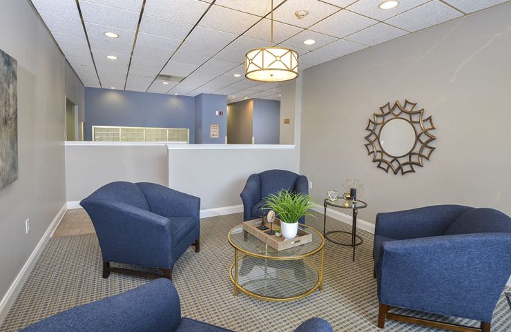 blue comfy seats in lobby area
