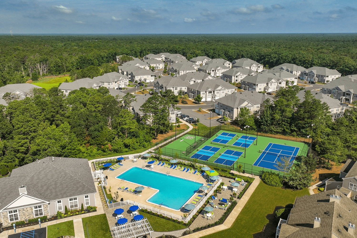 Aerial view of the outdoor amenities at Hamilton Hall