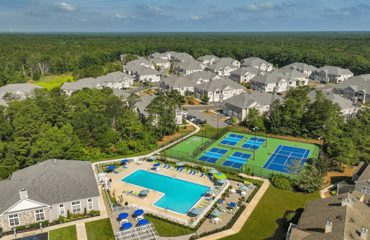 Aerial view of the outdoor amenities at Hamilton Hall
