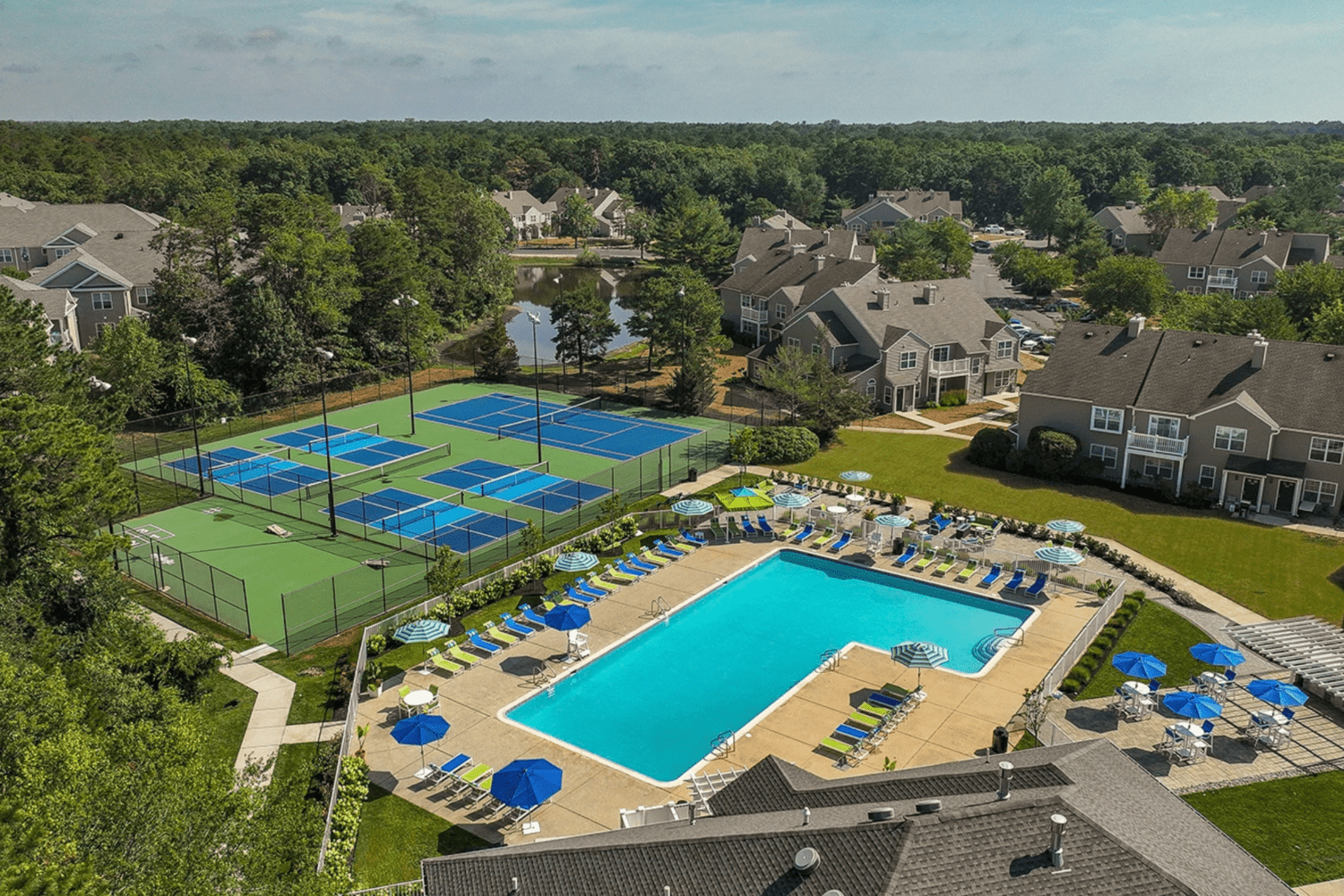 Aerial view of the outdoor amenities at Hamilton Hall