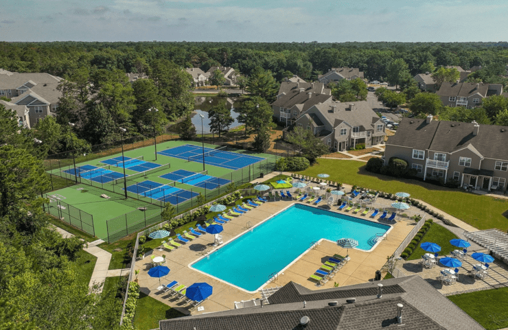 Aerial view of the outdoor amenities at Hamilton Hall