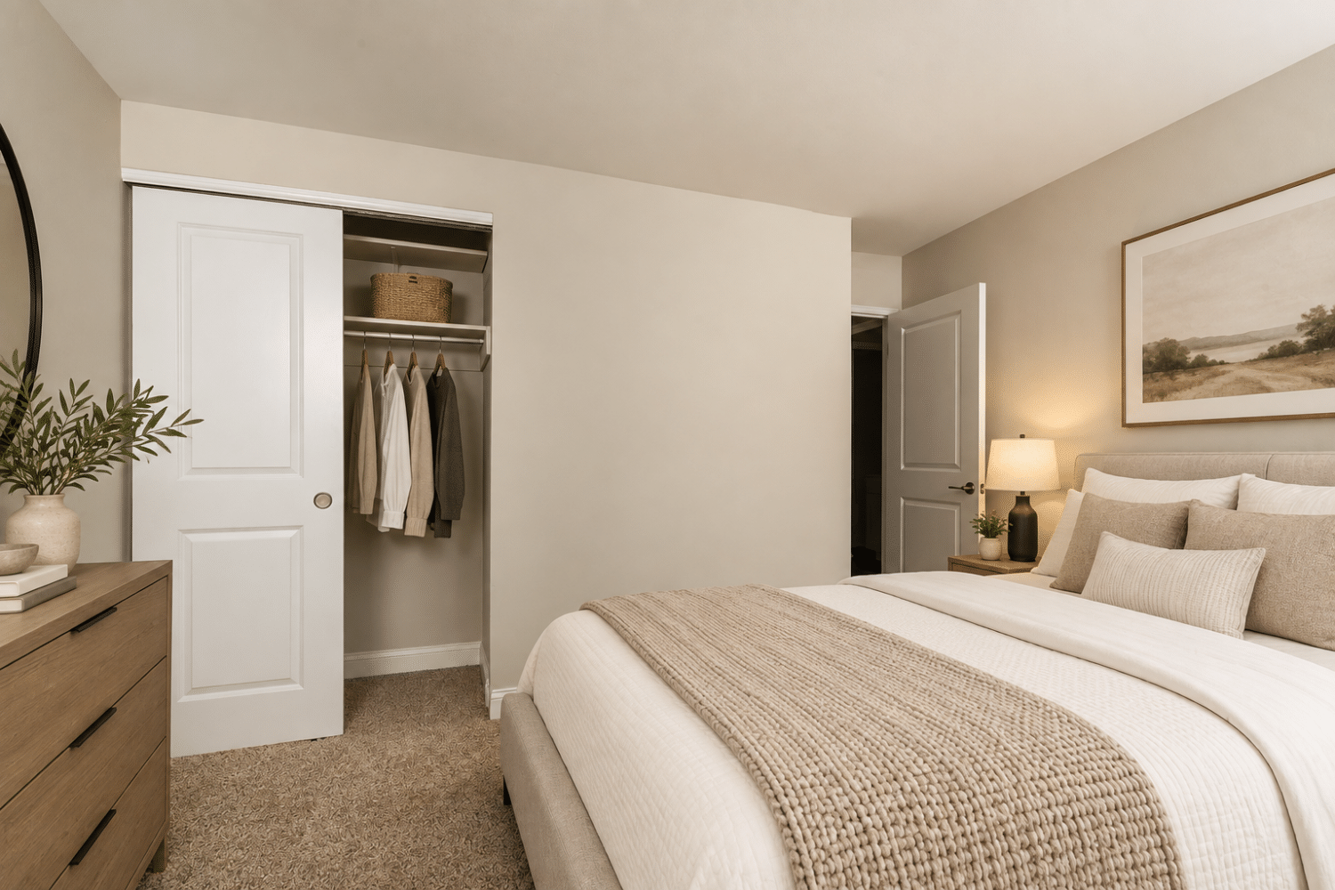 bedroom with wall-to-wall carpet and large closet