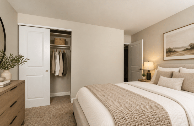 bedroom with wall-to-wall carpet and large closet