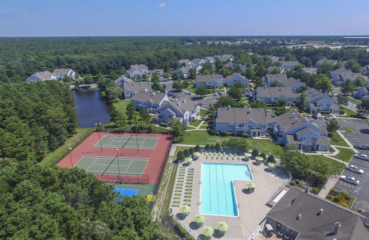 aerial view of the community, pool and tennis courts