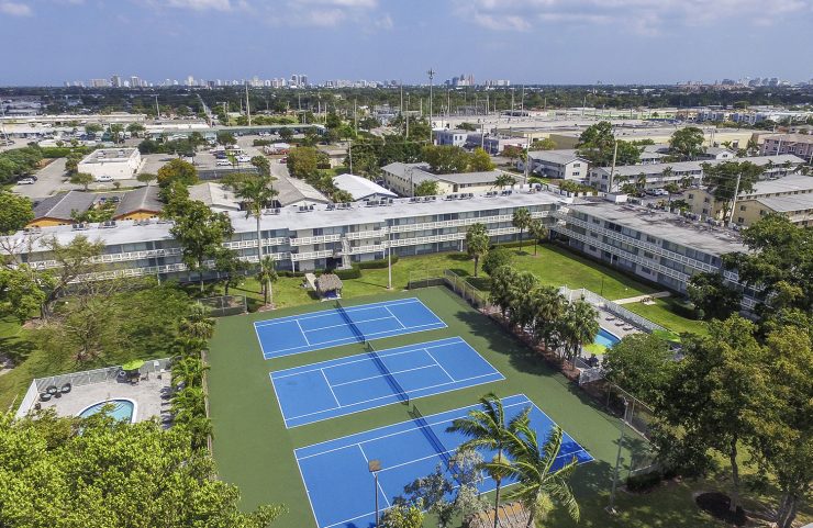 aerial view of 3 tennis courts
