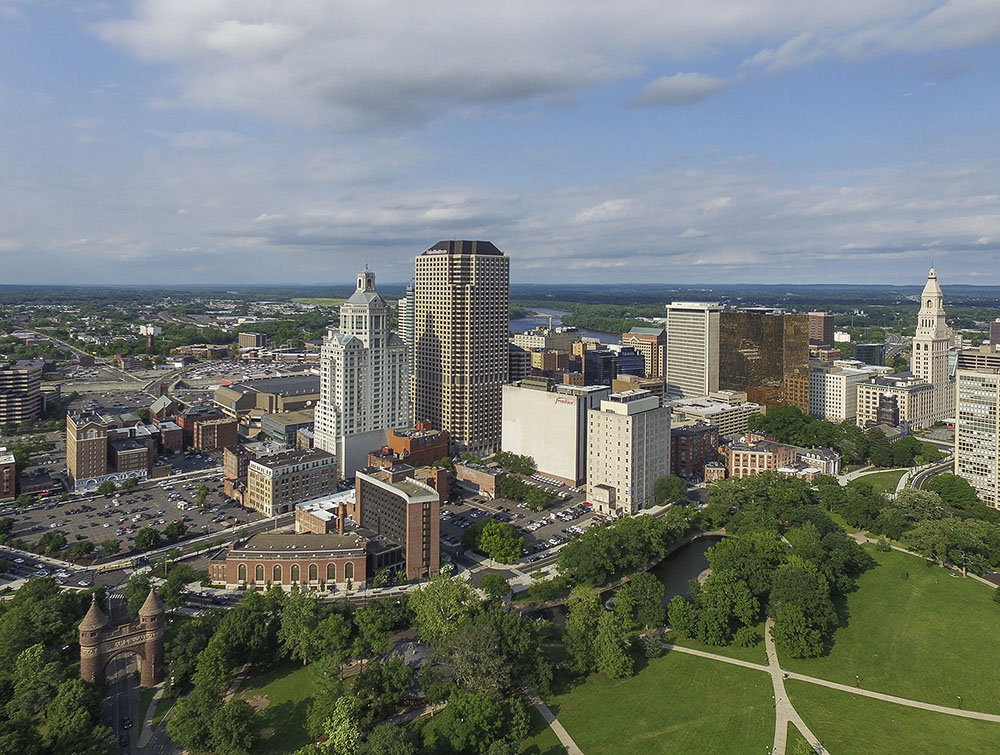 aerial view of nearby Hartford, CT