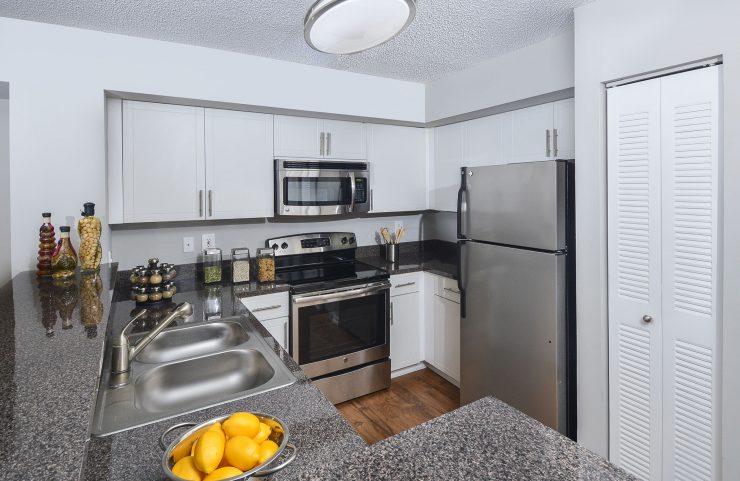 modern kitchen with white cabinets and stainless steel appliances
